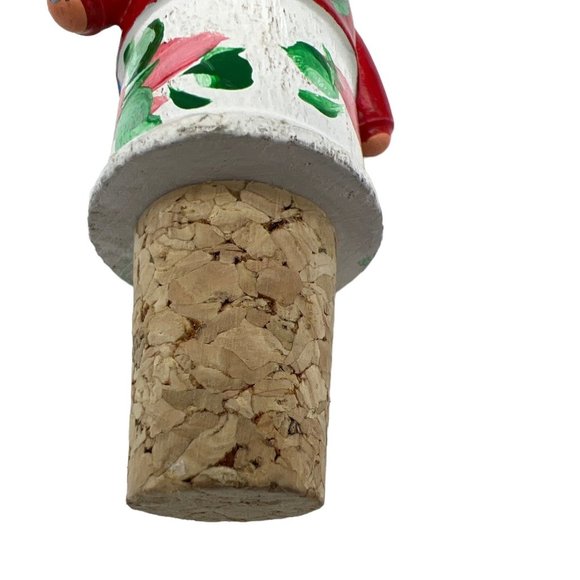 Wine Bottle Stopper Figural Man Wearing Hat w/ Floral Design Wood and Cork 4" - Picture 6 of 6
